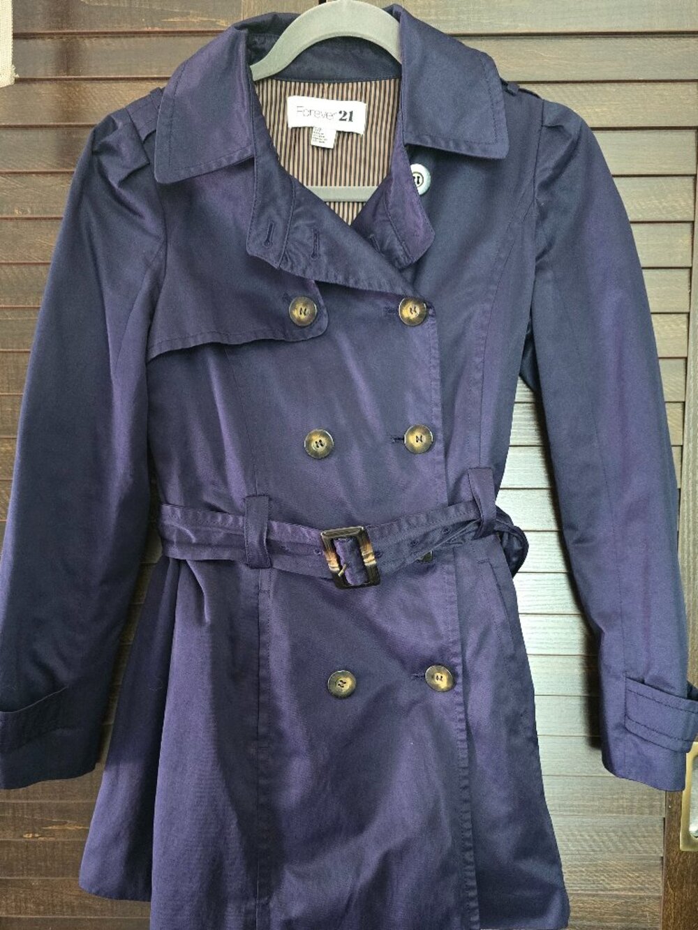 Forever 21 Navy Blue Puff Sleeve Short Trench Coat Belted Sz S (K-Fashion)